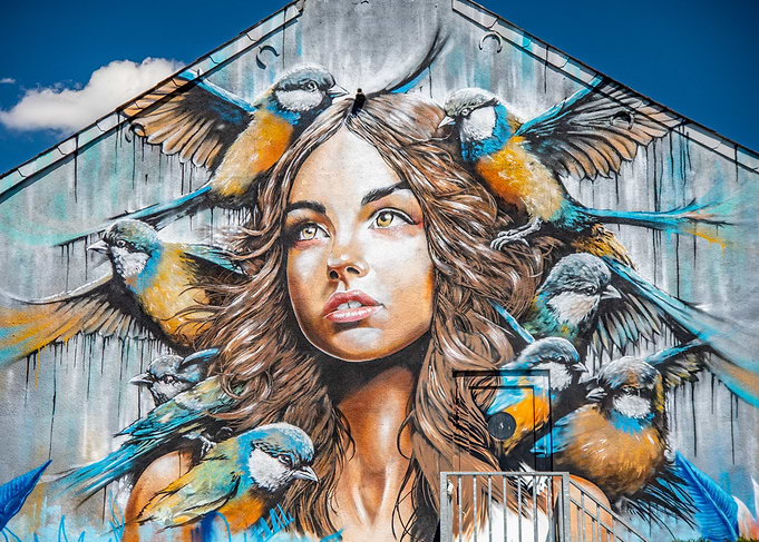 Woman and Birds Mural Art
