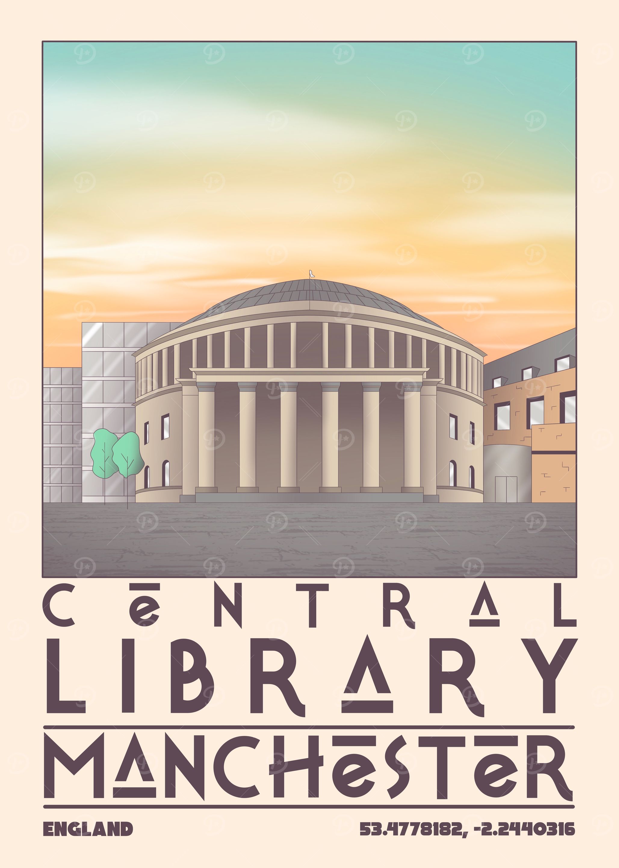 Central Library Manchester England Travel Poster