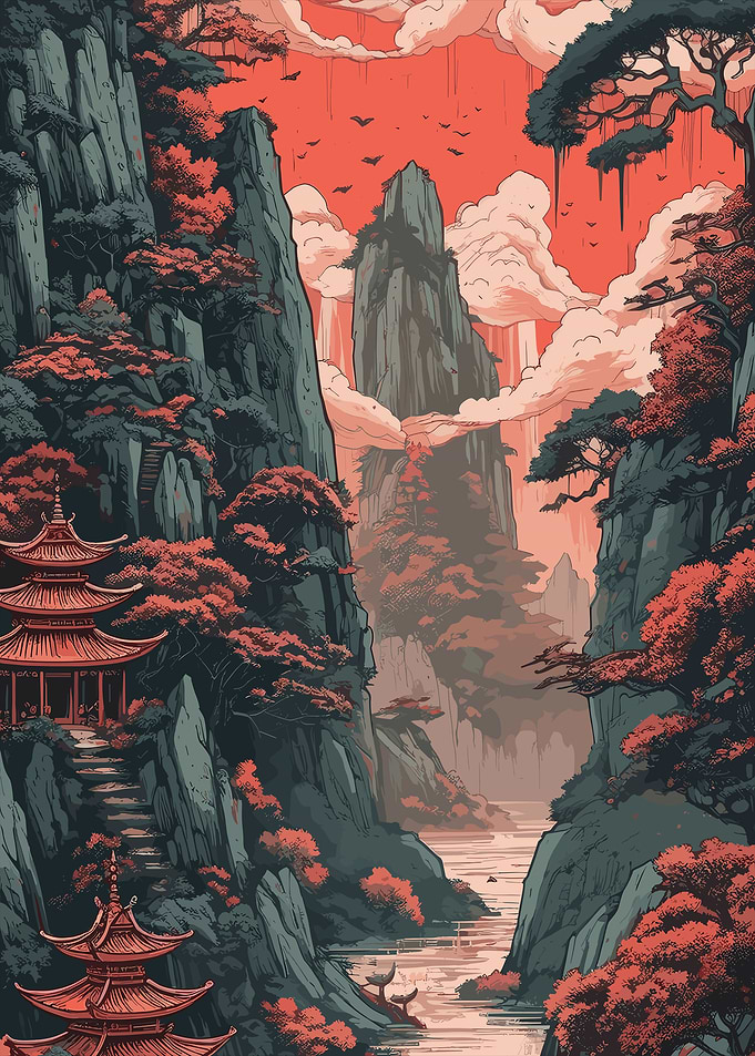 Japanese Landscape with Pagodas and Mountains