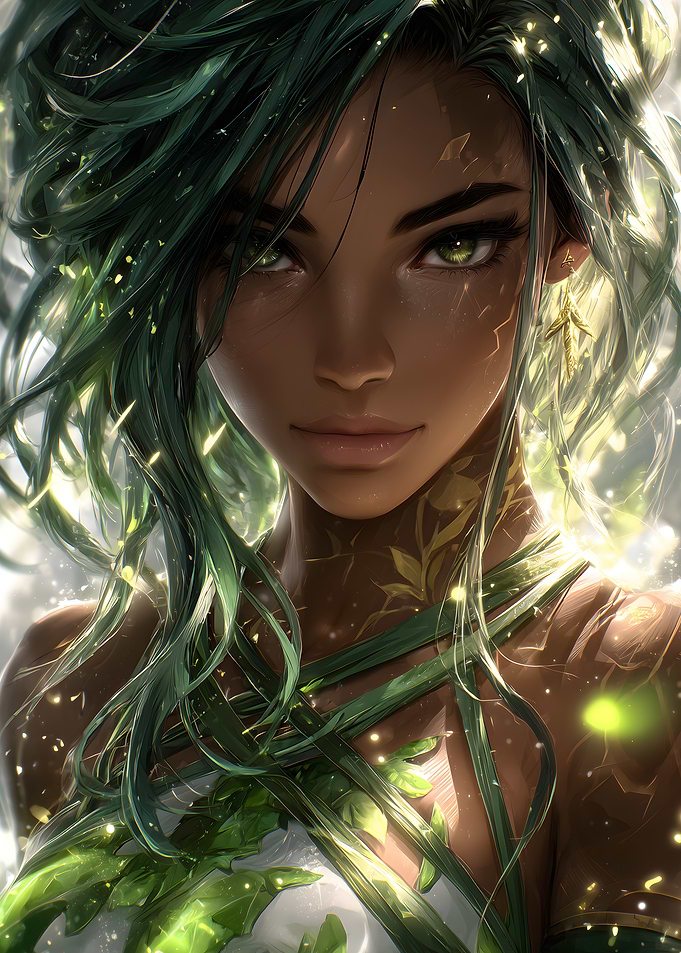 Green Haired Woman with Leaf Adornments