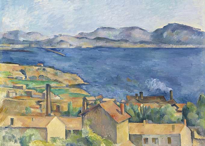 Seascape with buildings and mountains