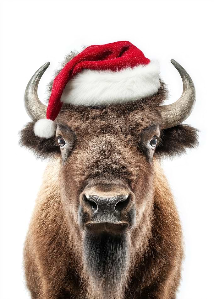 Christmas Bison with Santa Hat