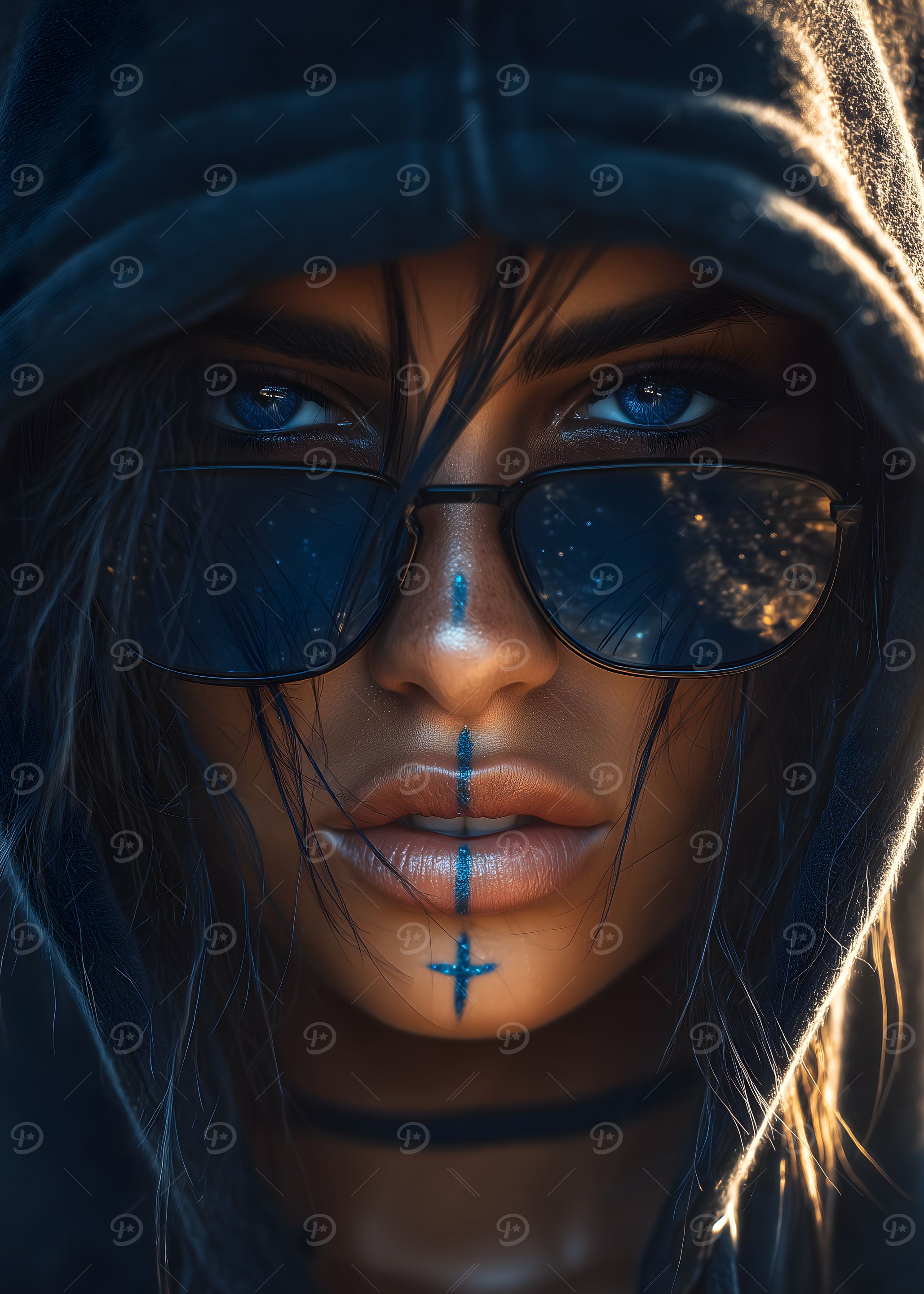 Hooded Woman with Sunglasses and Markings