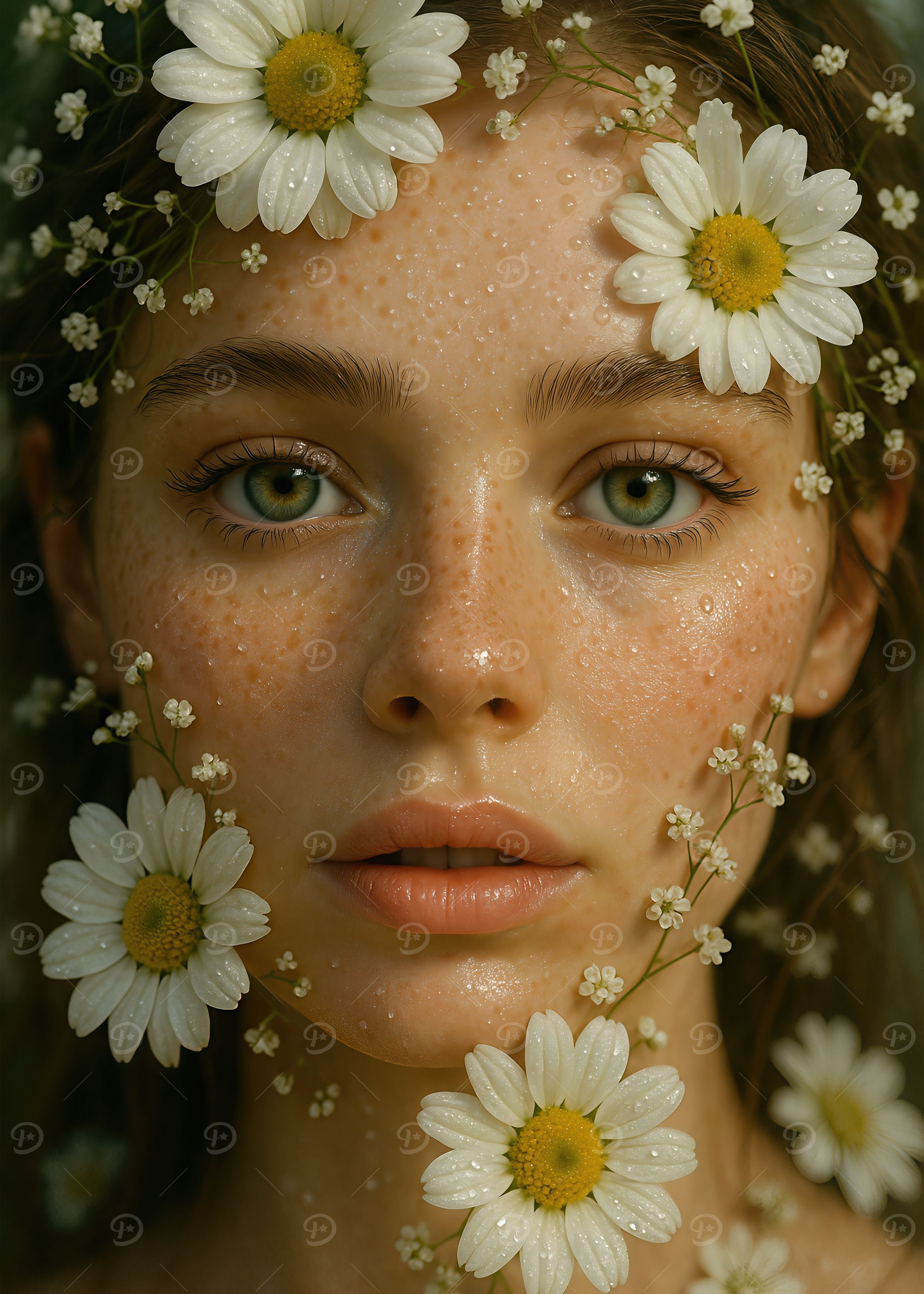 Daisy Flower Framing Emerald Eyes Girl