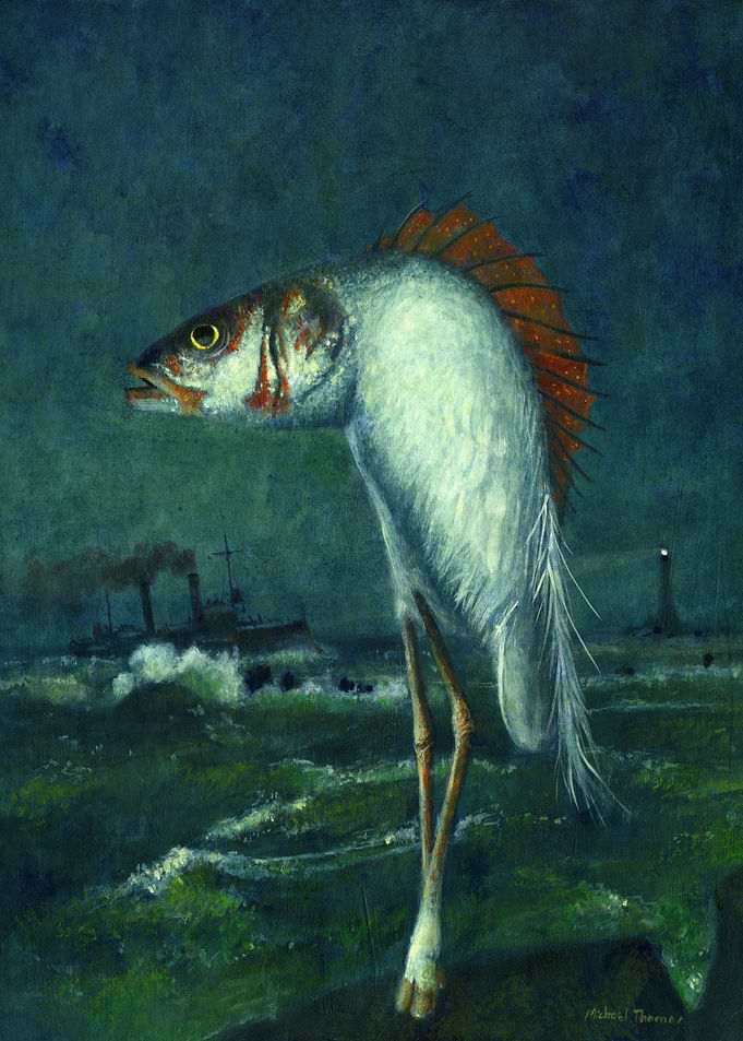 Fish-headed bird on stormy sea