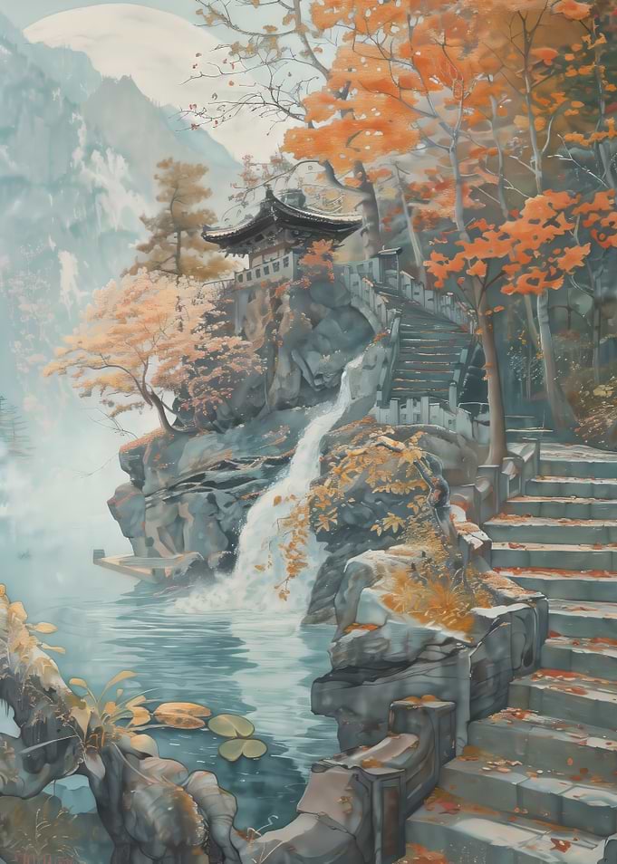 Asian Temple Waterfall Landscape Painting