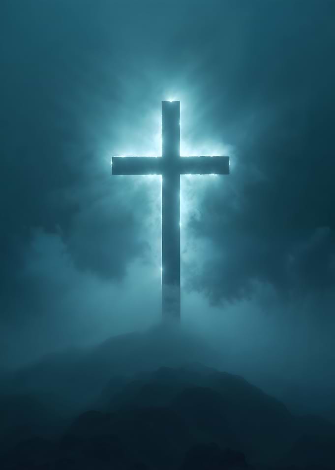 Glowing Cross in Misty Landscape