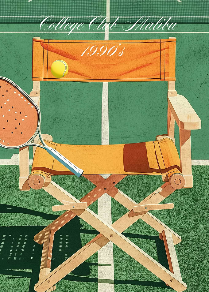 Tennis chair on court, 1990s vibe