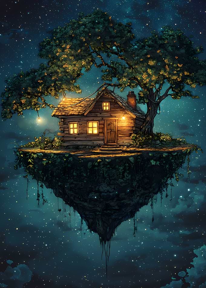 Floating Island Cabin Under Starry Sky