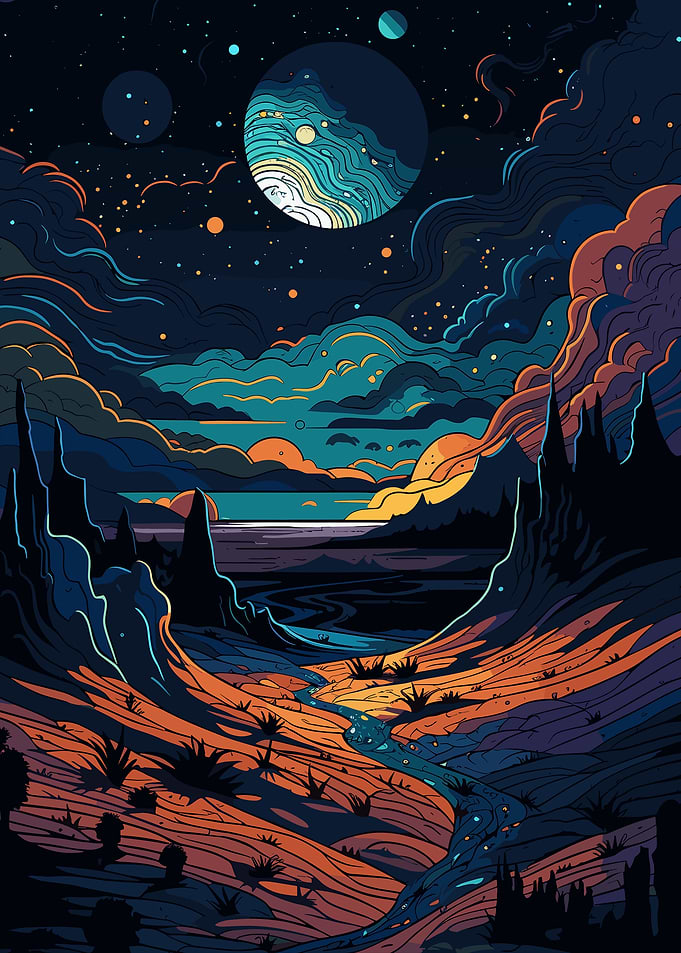 Surreal Landscape with Planets and River