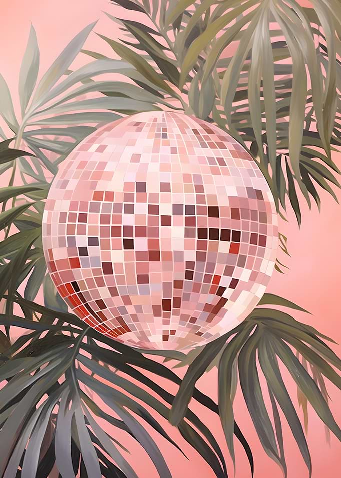 Pink Disco Ball with Palm Leaves
