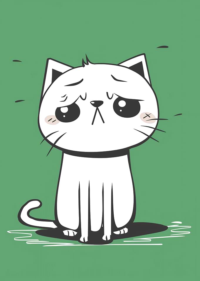 Sad Cartoon Cat on Green Background
