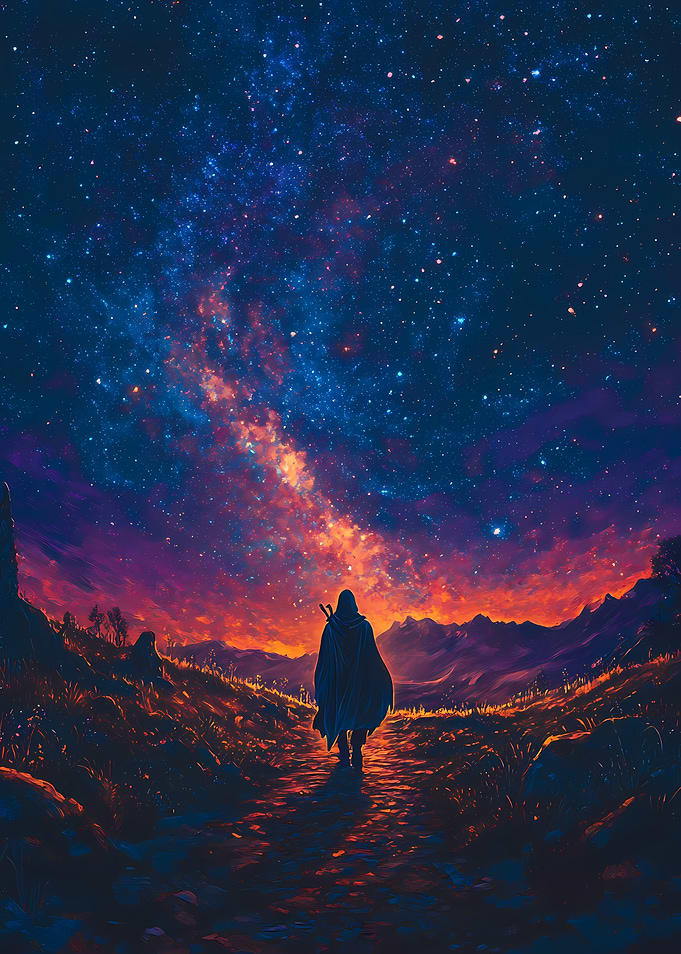 Lone Wanderer Under Starry Nebula Sky