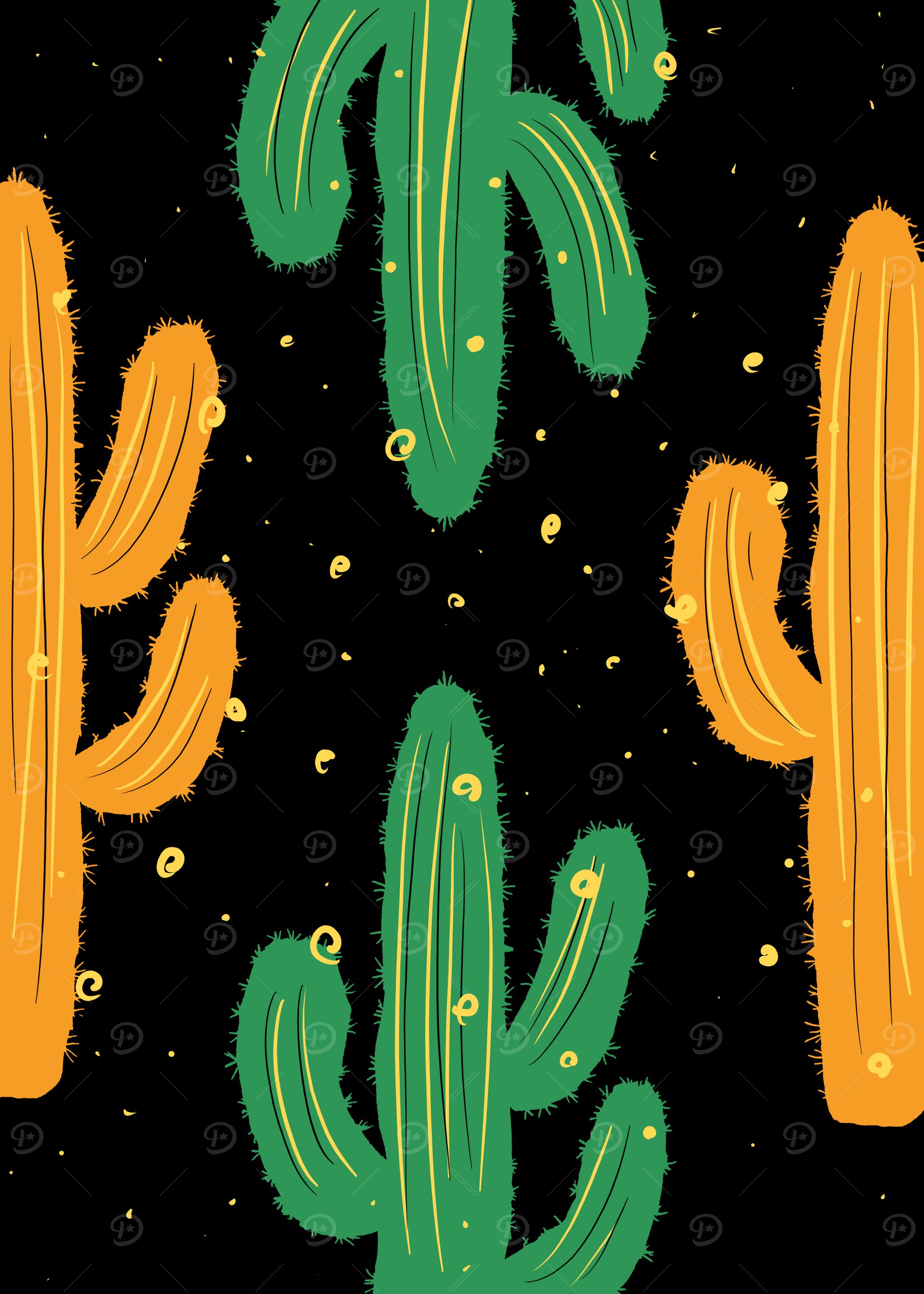 Cactus Pattern on Black Background