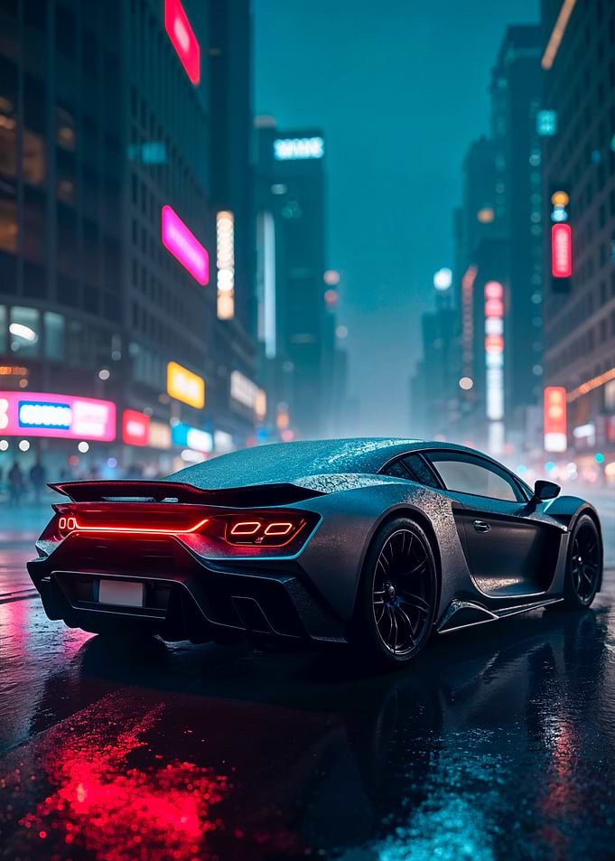 Sleek car in a futuristic cityscape