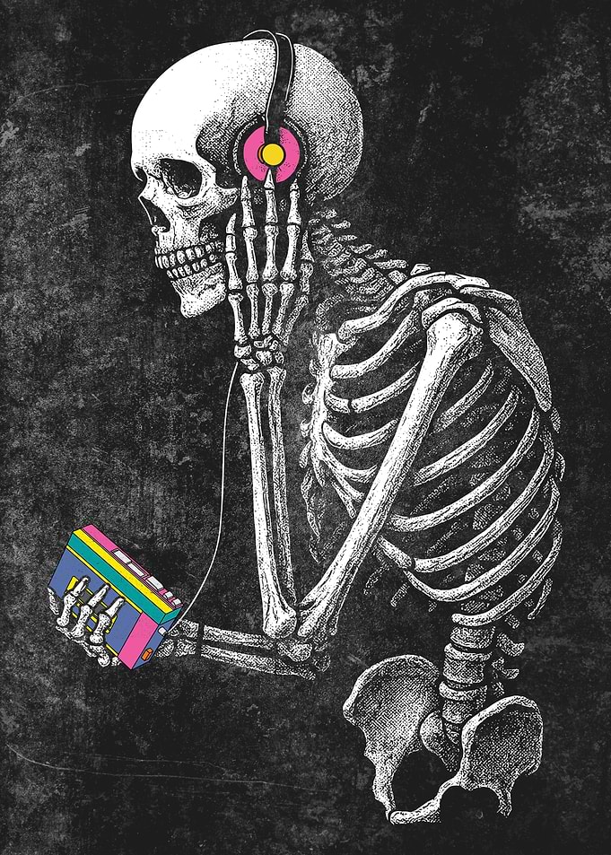 Skeleton listening to music with Walkman