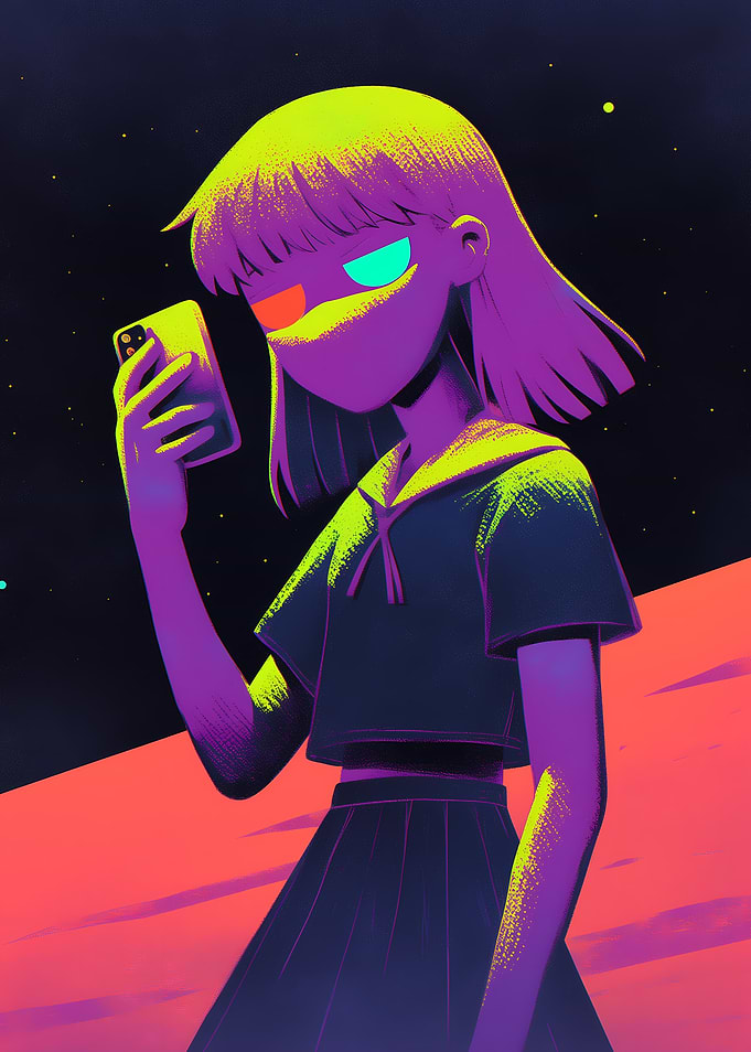 Anime Girl with Phone in Neon