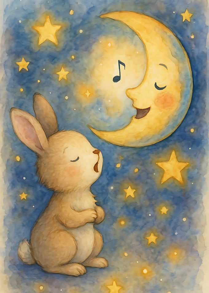 Singing Bunny and Moon Watercolor