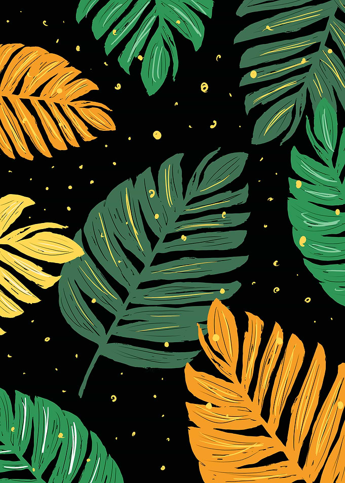 Tropical Leaves Pattern on Black Background