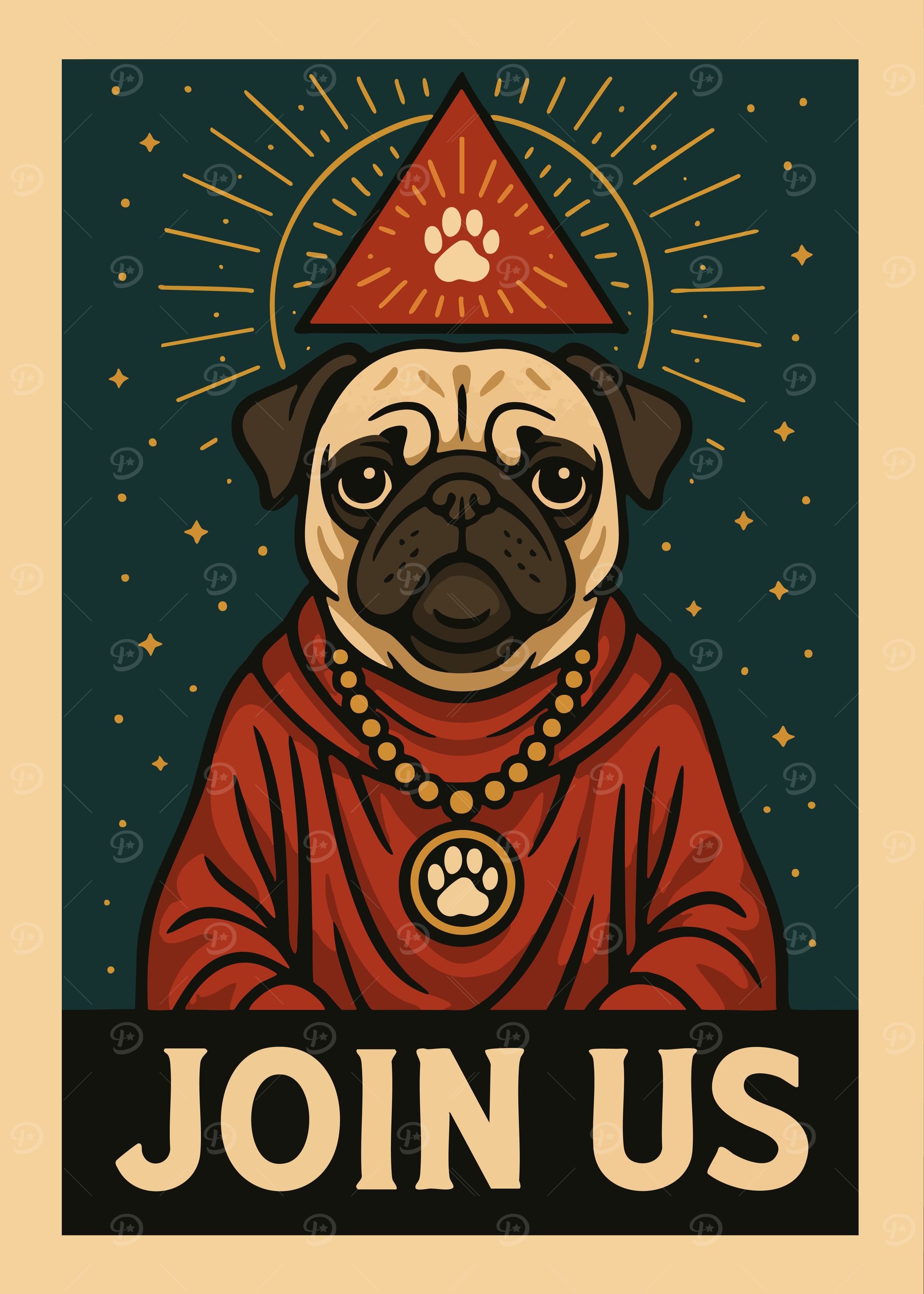 Funny Pug Cult Join Us Vintage Poster Cute Dog Art