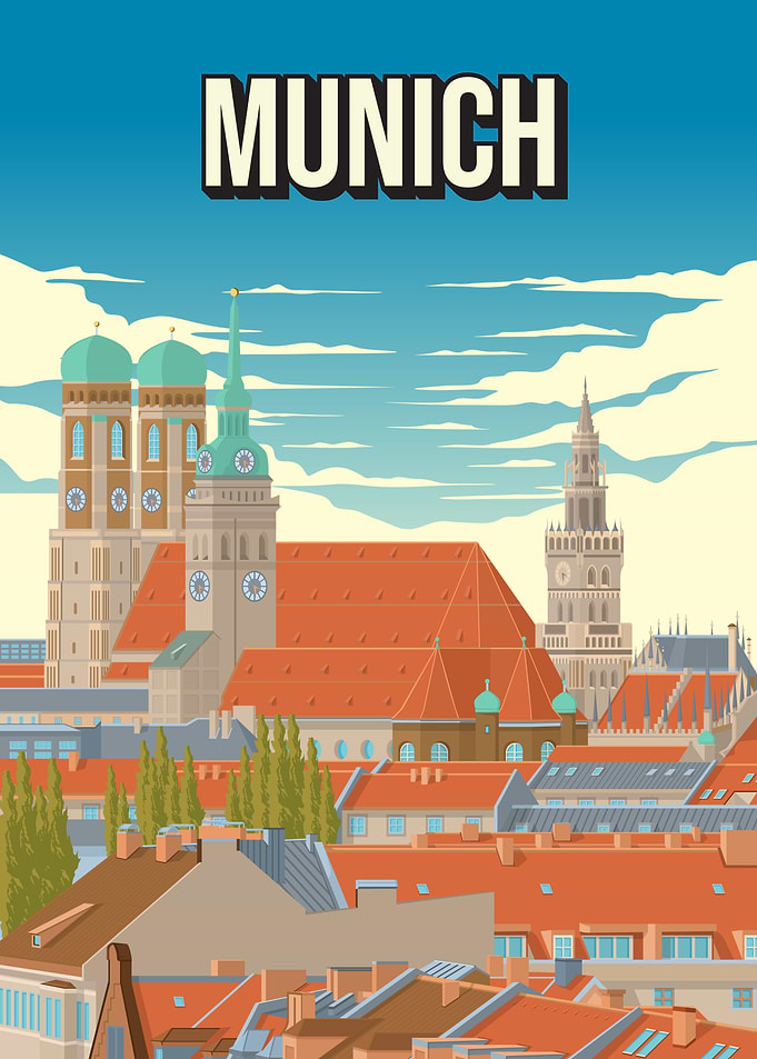 Munich Germany Vintage Travel Poster Frauenkirche New Town Hall