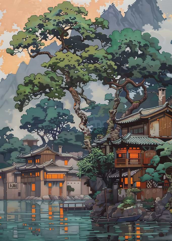 Japanese Village Pixel Art Landscape