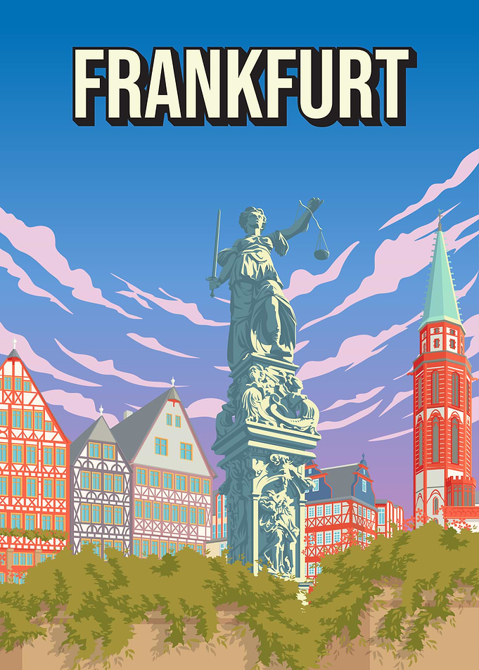 Frankfurt Germany Vintage Travel Poster Römerberg Lady Justice