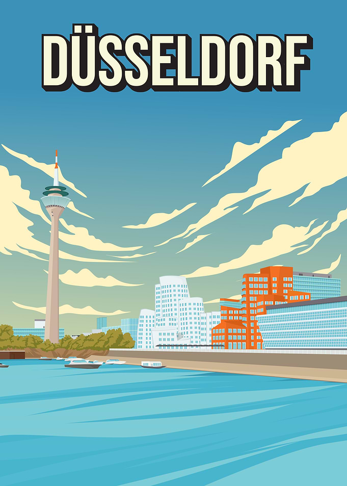 Düsseldorf Germany Vintage Travel Poster Rheinturm Rhine River
