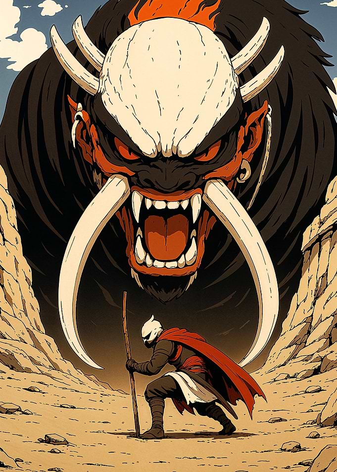 Warrior facing a monstrous creature