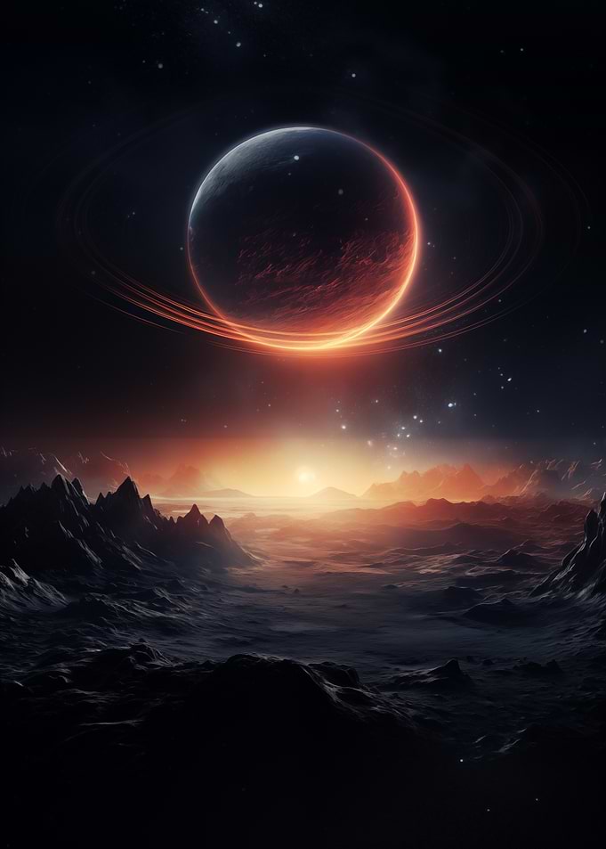 Ringed Planet over Alien Landscape