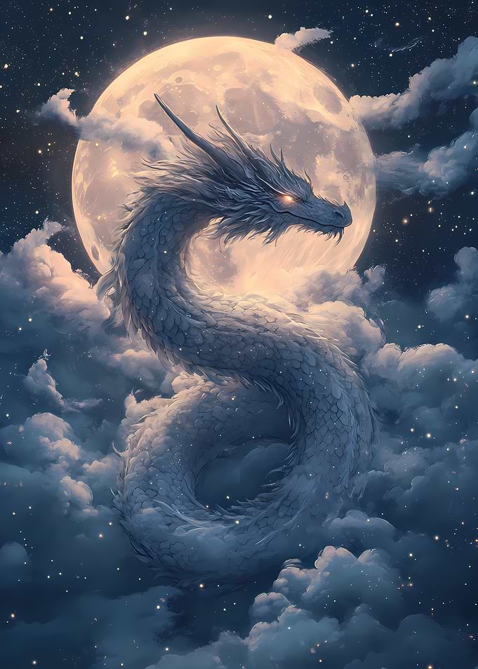 Ethereal White Dragon in the Clouds under Moon