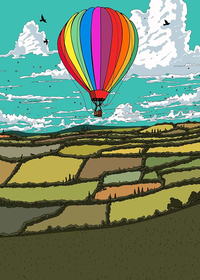 Colorful Hot Air Balloon Over Fields