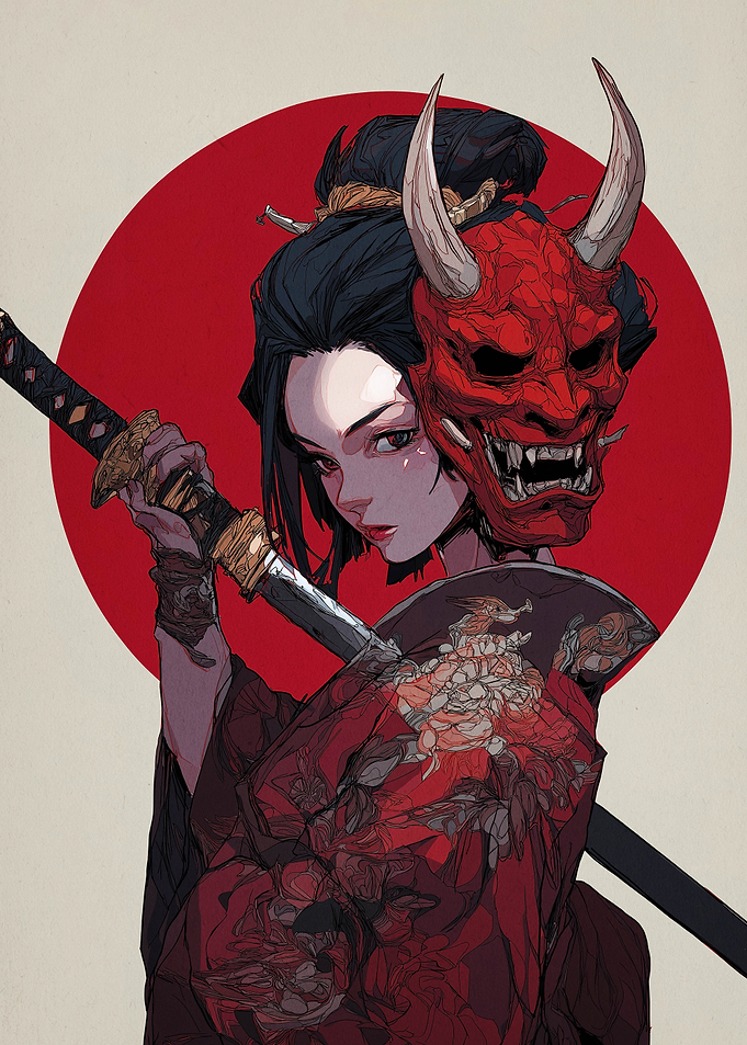Geisha with Oni Mask and Katana