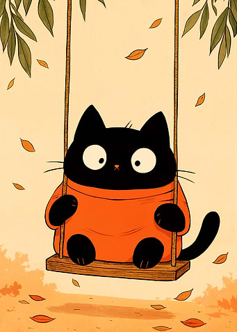 Black Cat on Swing in Autumn