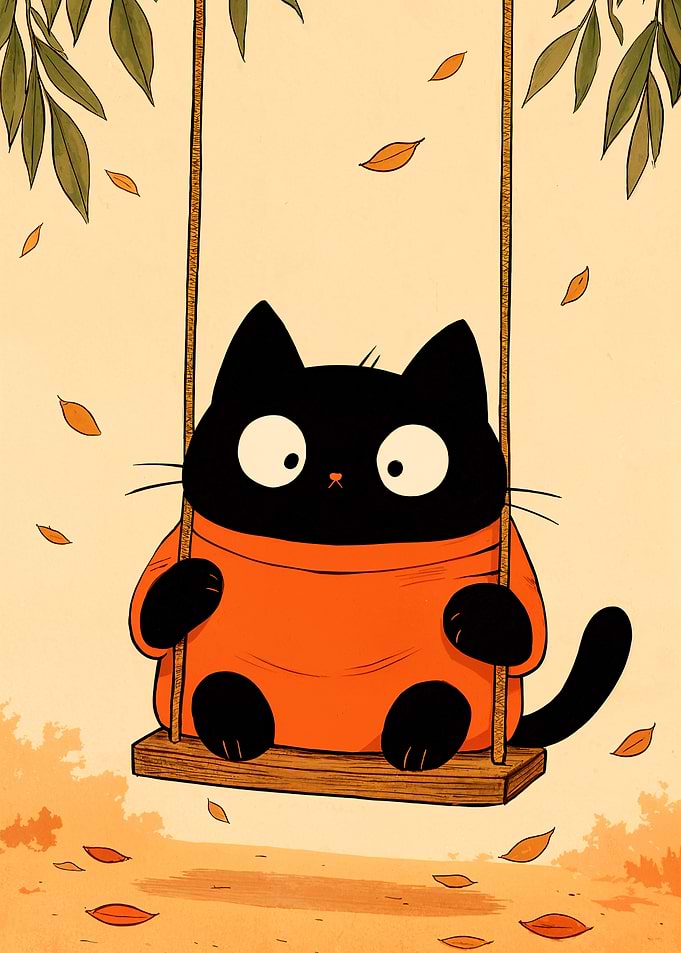 Black Cat on Swing in Autumn