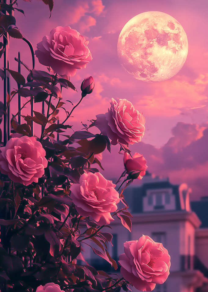 Pink Roses and Moonlit Sky
