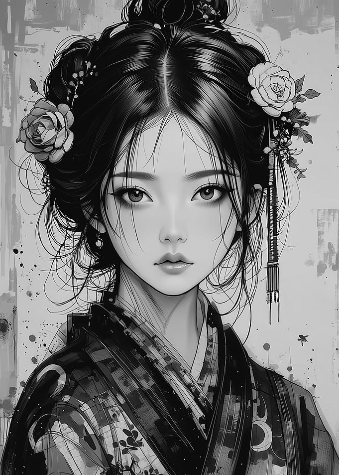 Monochrome Asian Woman Portrait with Flowers