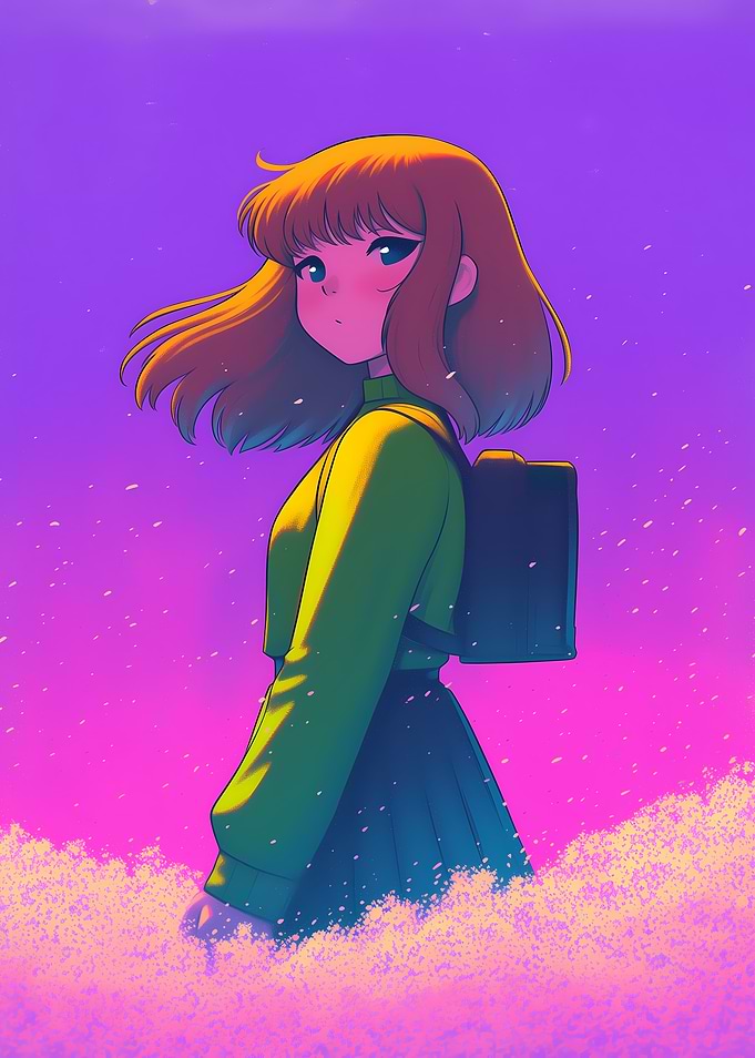 Anime Girl with Backpack in Field
