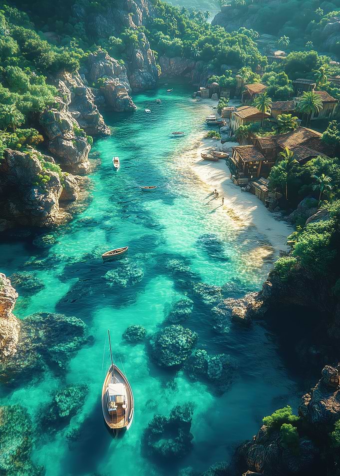 Tropical Cove with Boats and Village