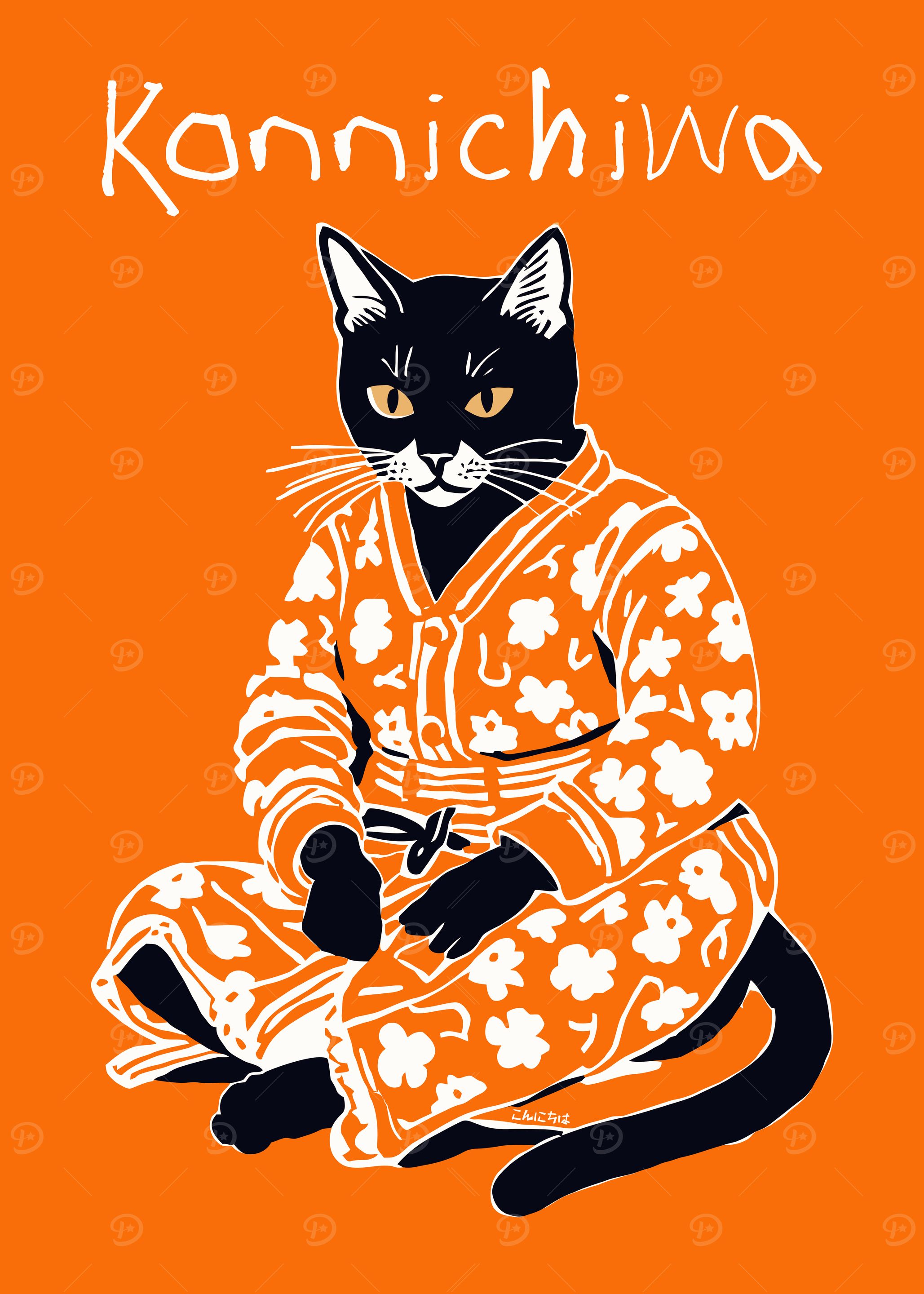 Cat in Kimono with 'Konnichiwa' Text