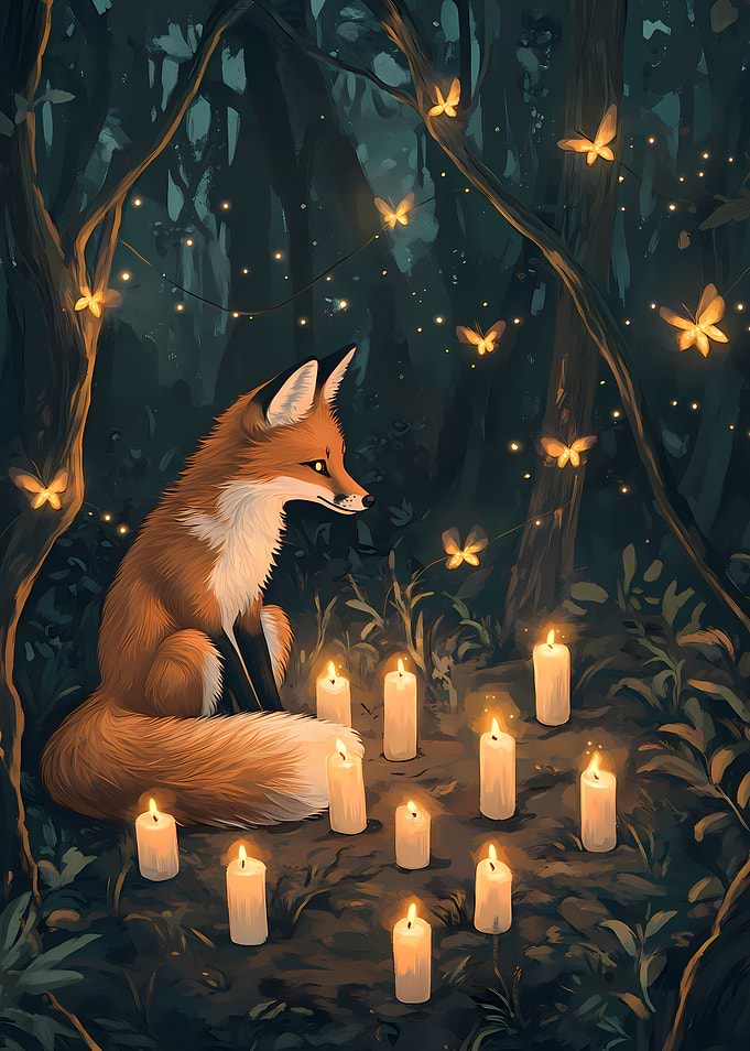 Fox in Forest with Candles