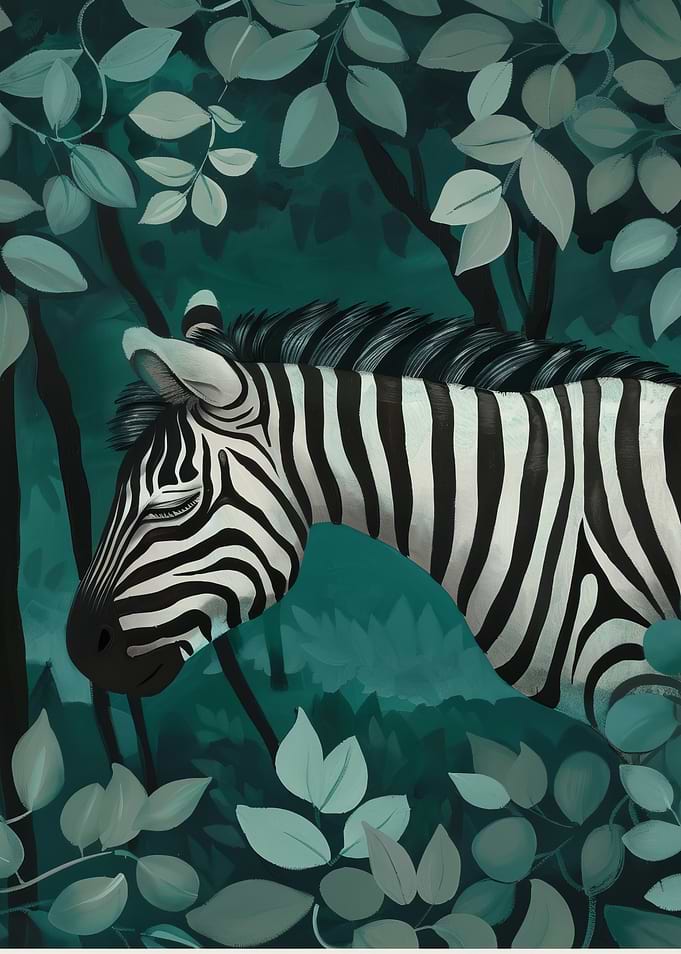 Zebra in Teal Forest Illustration