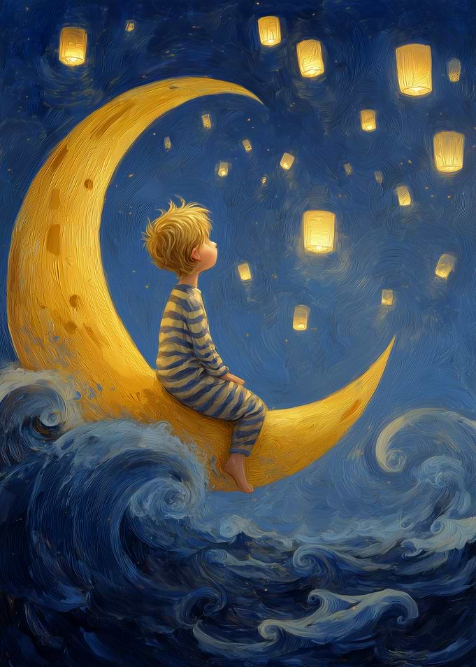 Boy on Moon with Lanterns