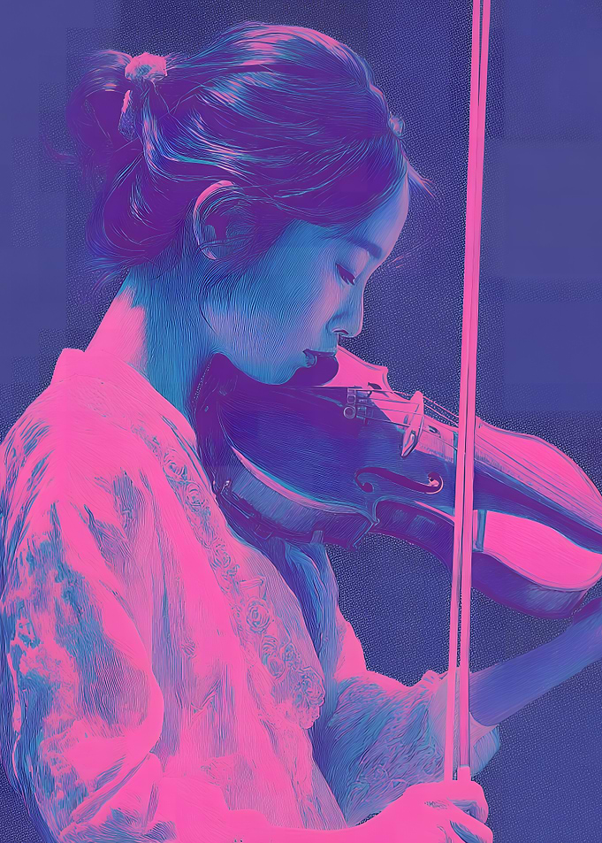 Woman playing violin, pink and blue