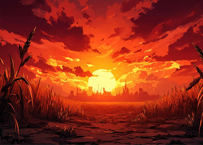 Sunset over field and city skyline