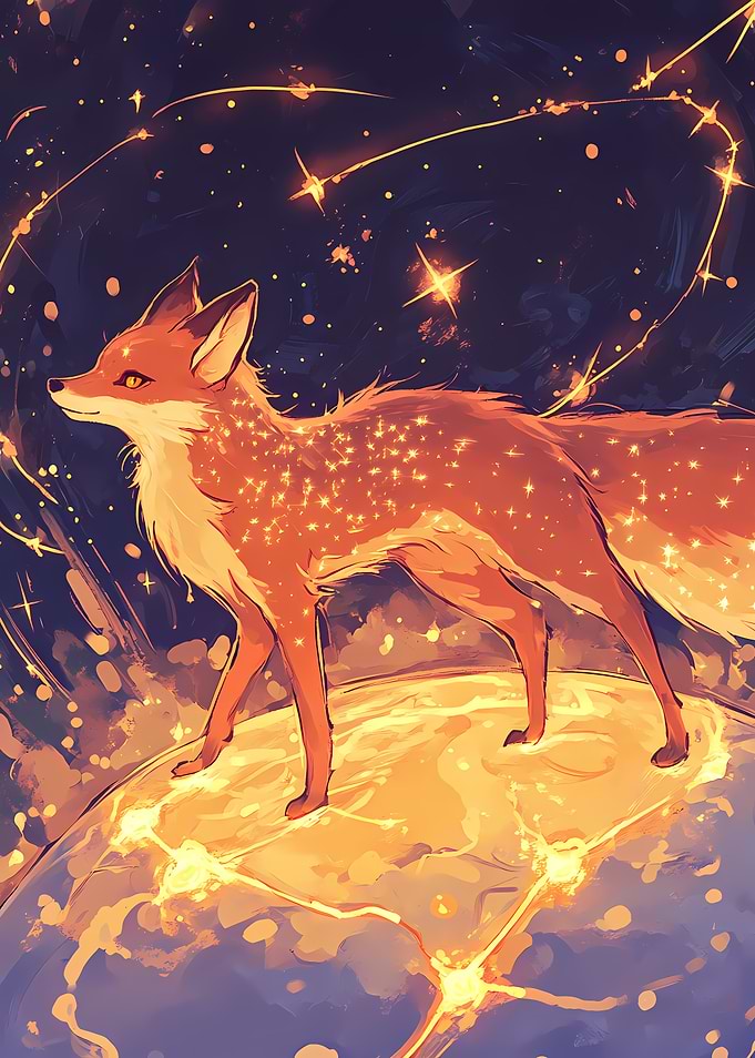 Celestial Fox Standing on Glowing Planet Under a Star-Filled Sky