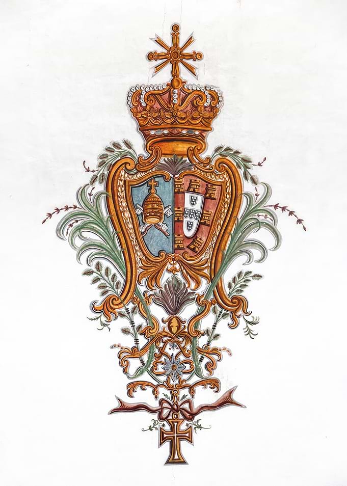 18th Century Ornate Portugal Royal Coat of Arms with Cruz de Cristo or Cross of Christ and Vatican Symbol. Obidos, Portugal. Proud Portuguese Patriot.
