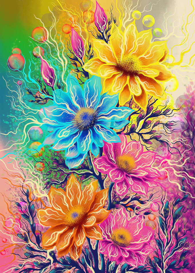 Floral Symphony: Abstract Nature-Inspired Digital Artwork with Glowing Accents