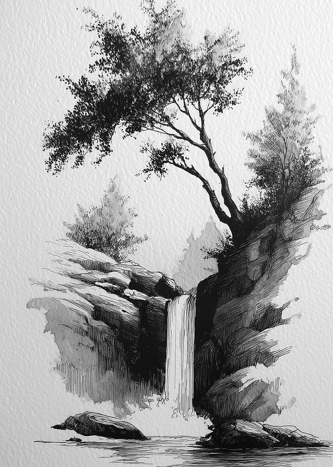 Monochrome Waterfall Landscape Drawing