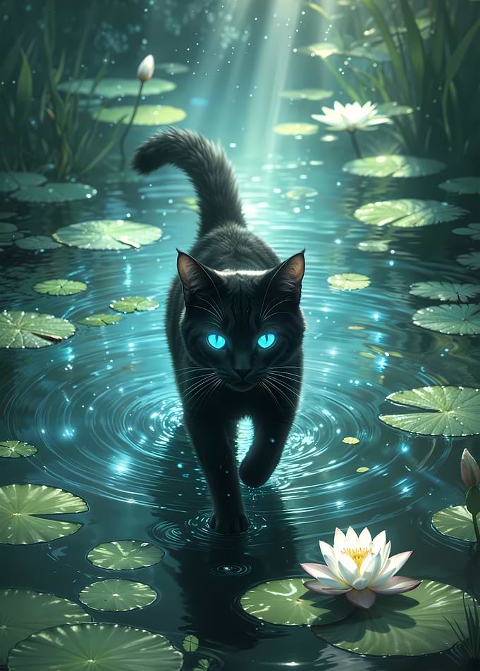 Black Cat Walking on Water Lilies